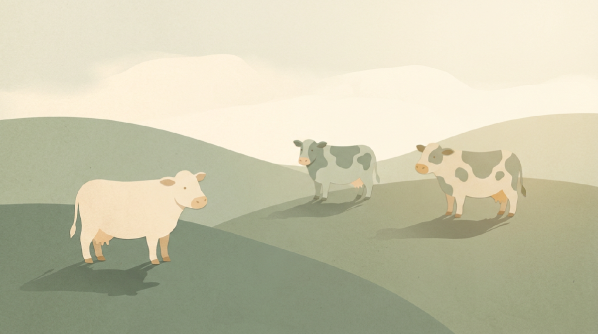 A plain green field with cows and no flowers — before ZER4MOO.