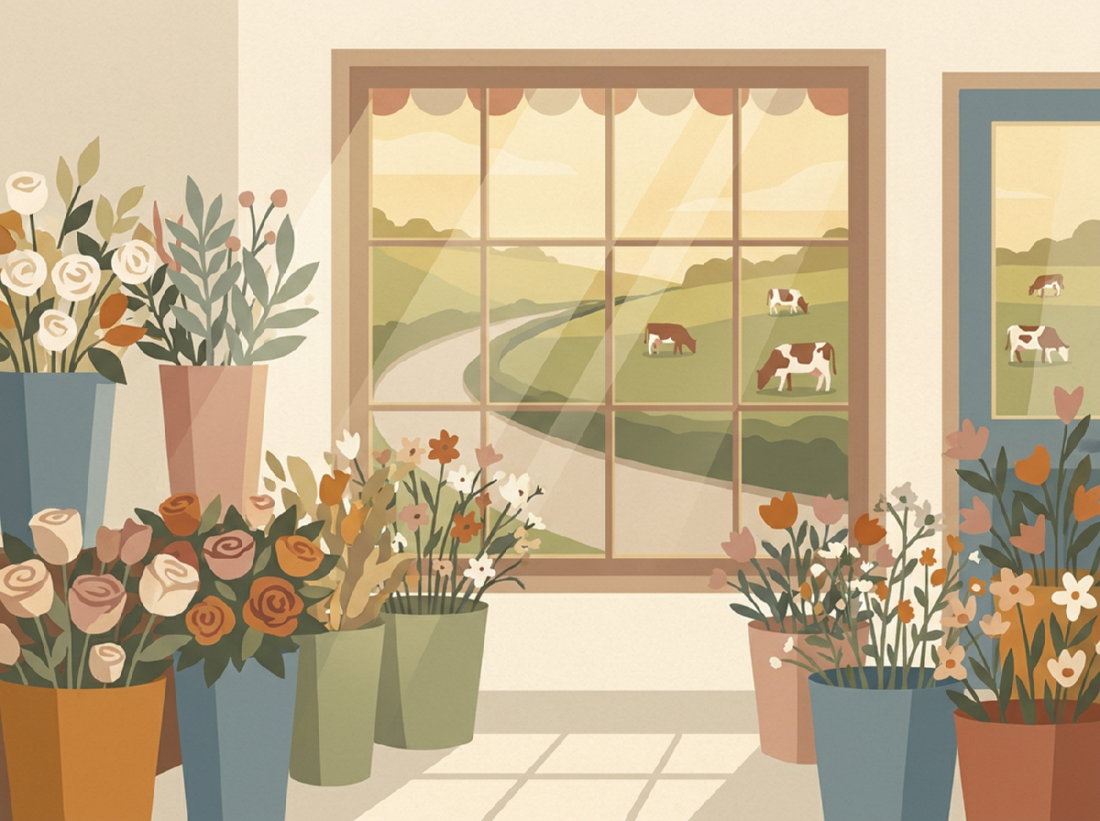 A florist's window looking out across the road onto a field of grazing cows.